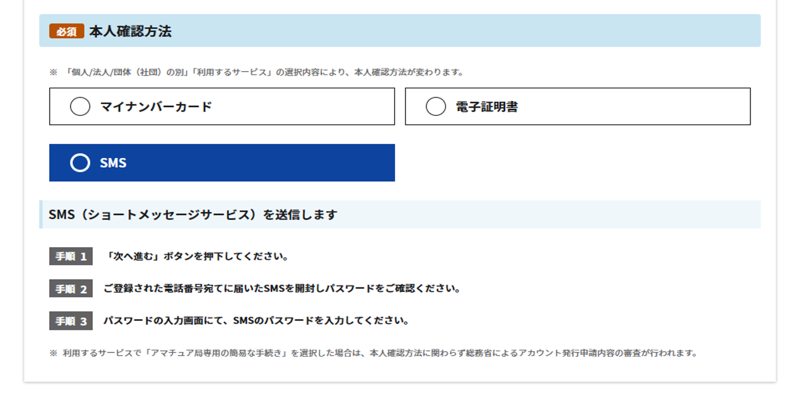 本人確認方法で「SMS」を選択した場合の表示