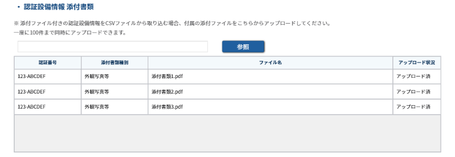 CSV取り込み後添付ファイルをアップロードする手順：アップロード状況が全て「アップロード済」のスクリーンショット