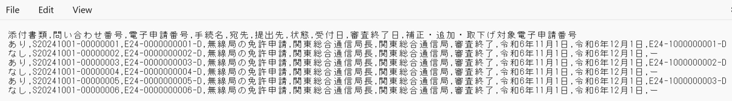 一覧表ダウンロードのCSVファイルのサンプル画像